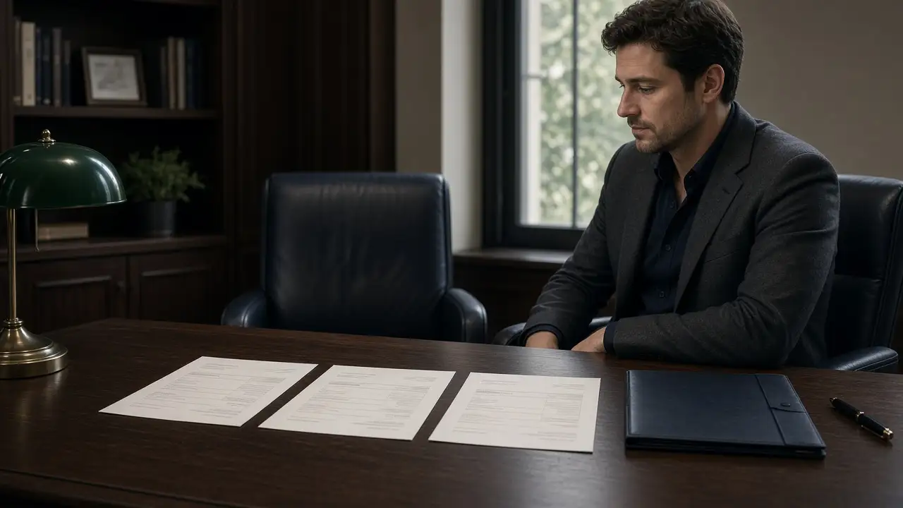 Three invoices in a row beside one closed supplier folder on a law-firm desk.