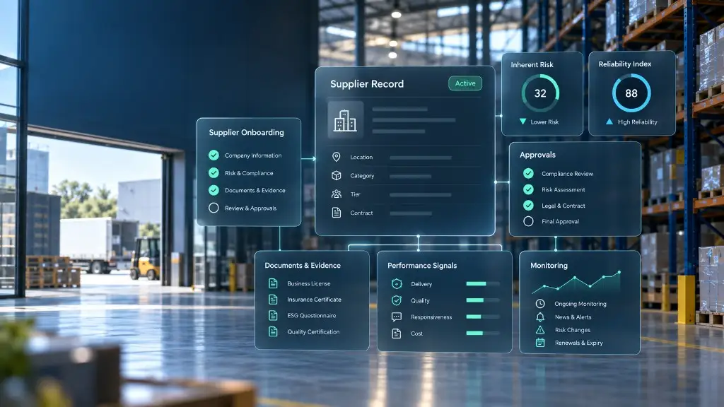 Warehouse with a supplier record overlay showing onboarding, inherent risk, reliability index, documents, performance, and monitoring on one identity
