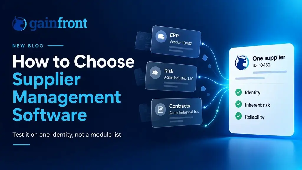 Gainfront graphic joining an ERP vendor 10482, a risk file for Acme Industrial LLC, and a contract for Acme Industrial, Inc. into one supplier record checked for identity, inherent risk, and reliability