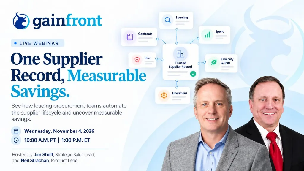 Live webinar banner: One Supplier Record, Measurable Savings, hosted by Jim Shoff and Neil Strachan on November 4, 2026